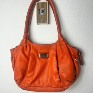 Isaac Mizrahi Orange Leather Handbag. Many pockets, 3 Pouch Middle Zipper.Spring